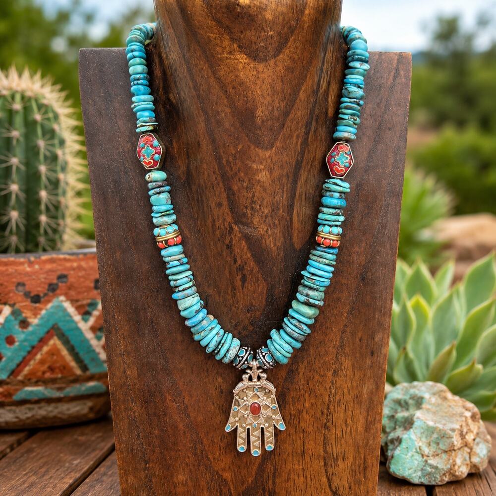One of a Kind Arizona Kingman Turquoise Hamsa Necklace